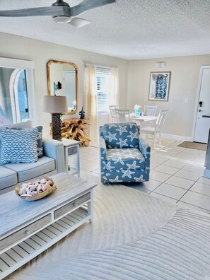 Smart TV, fireplace, foosball, books