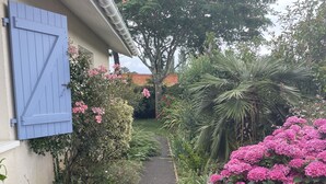 A narrow pathway flanked by lush greenery and vibrant flowers, leading to a building with a blue shuttered door. - 4 bedroom villa with swimming pool, in a large lush garden, 3km from the beaches (Messanges)
