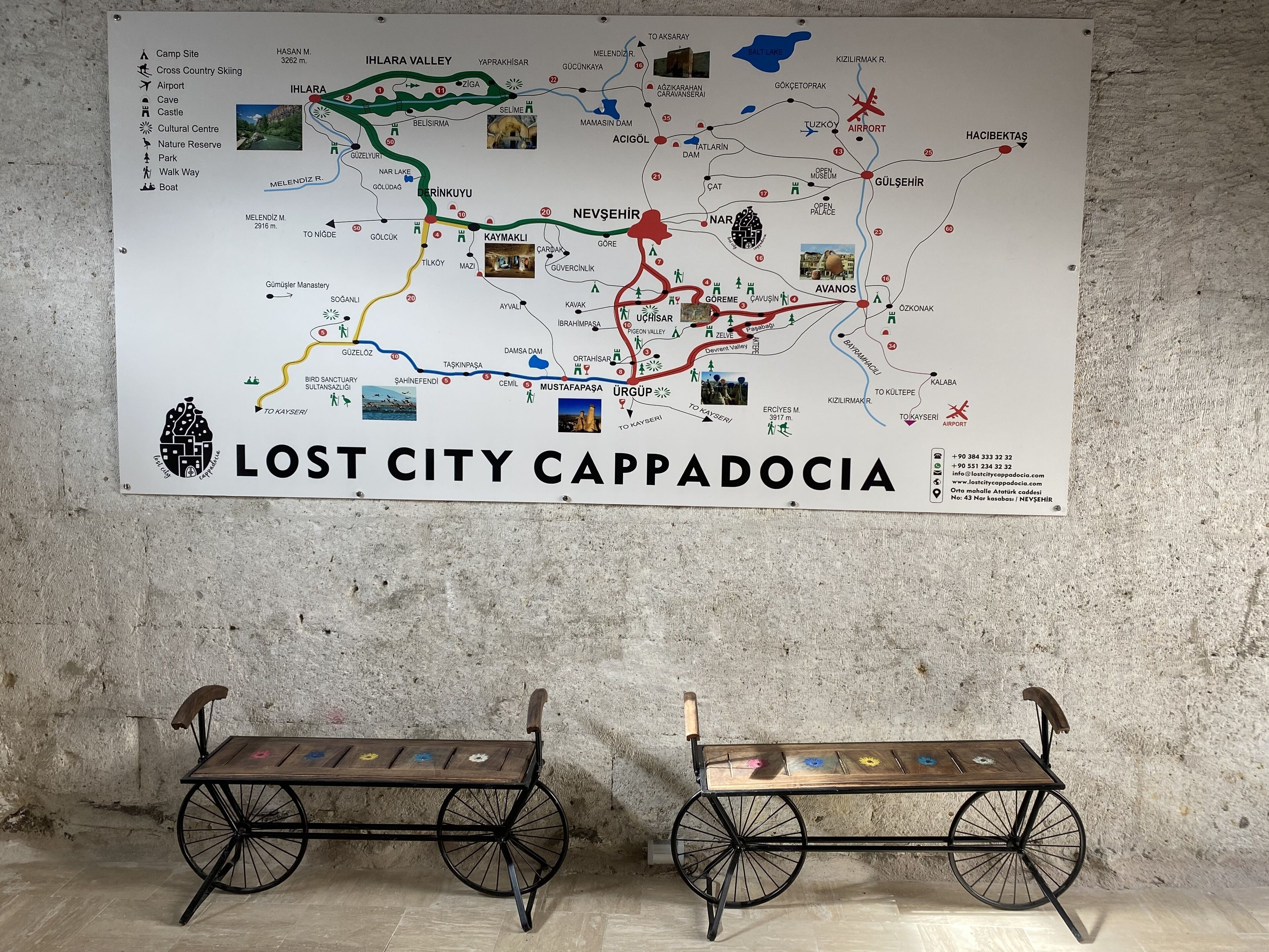 A map titled 'Lost City Cappadocia' with various symbols indicating points of interest such as campsites, ski areas, and cultural centers.