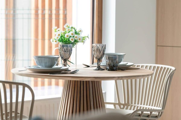 A closer look at the dining table, set near a window with natural light and a decorative plant.