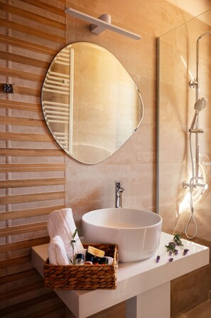 Shower, hair dryer, bidet, towels