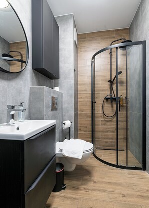 A modern bathroom with a curved shower enclosure, a toilet, and a vanity with a sink.