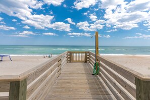 A wooden boardwalk leading to a beach with a clear sky and ocean view. - Sea Glass - Fantastic Views from this 3 BR Oceanfront Home! (Surf City)