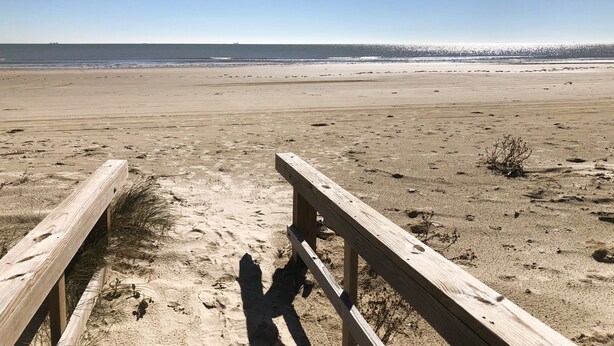 Un banco de madera en una playa arenosa con huellas que conducen al agua.