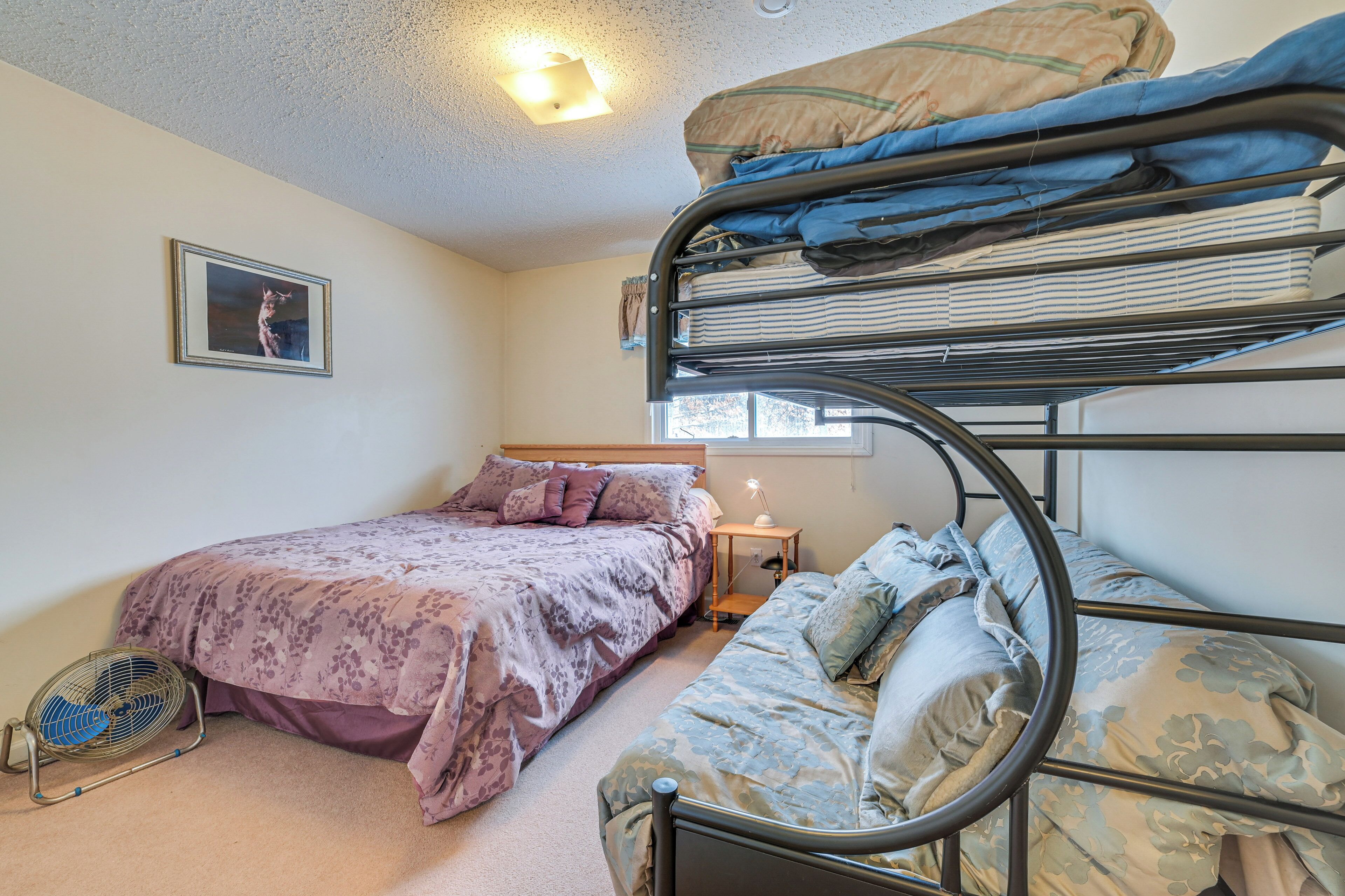 A bunk bed room with a single bed, a bedside table with a lamp, and a fan.