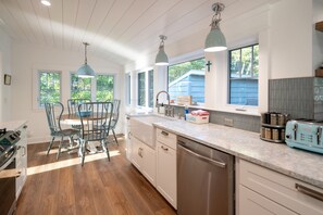 Fridge, microwave, oven, stovetop - Charming Cottage, Private Lake MI Beach (West Olive)