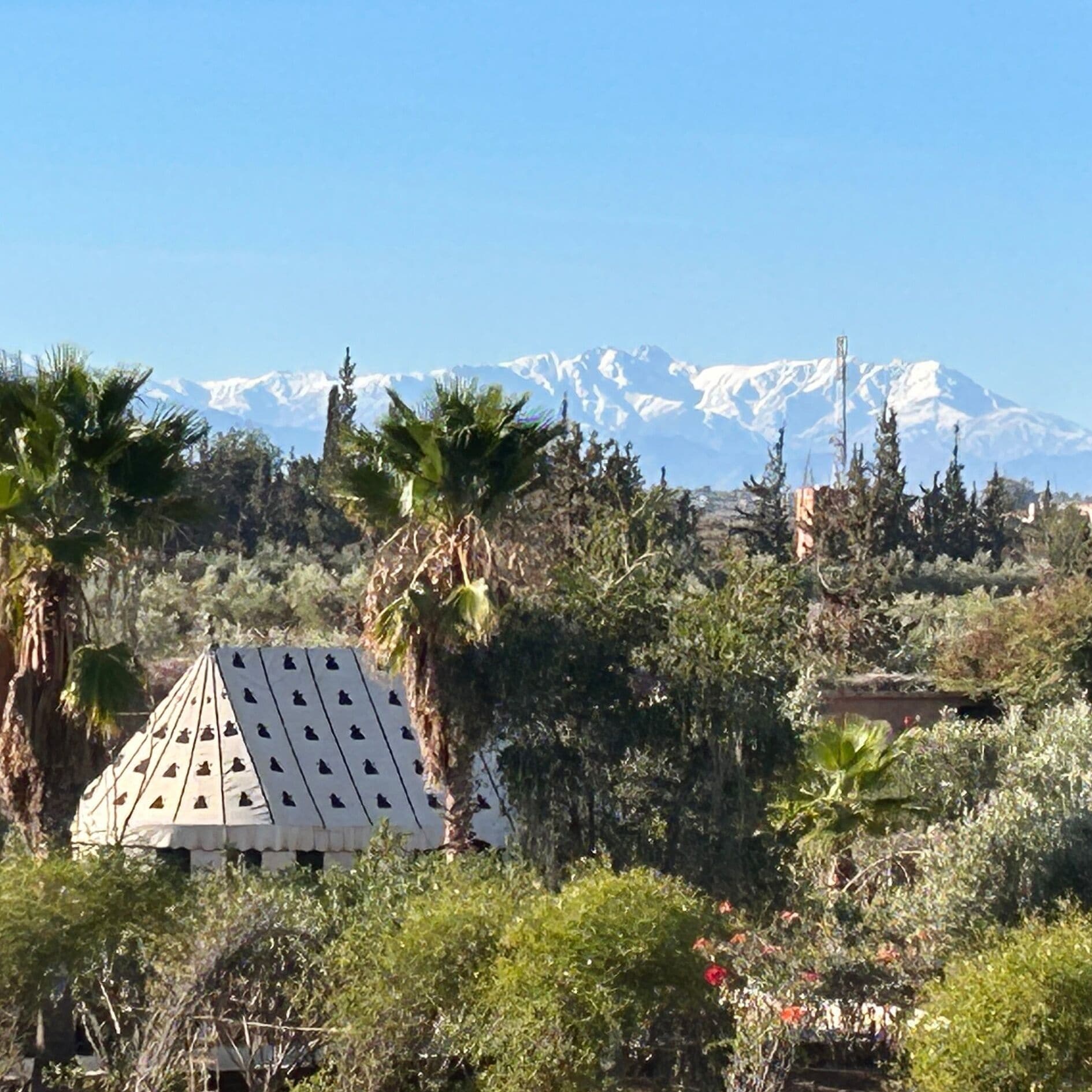 A pyramid-shaped building surrounded by lush greenery and a mountain range in the background.