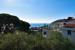 Ein Küstenblick mit einem Gebäude, das einen Balkon mit Blick aufs Meer hat.