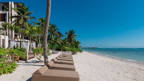A beach with lounge chairs aligned along the shore, palm trees, and a clear blue sky.