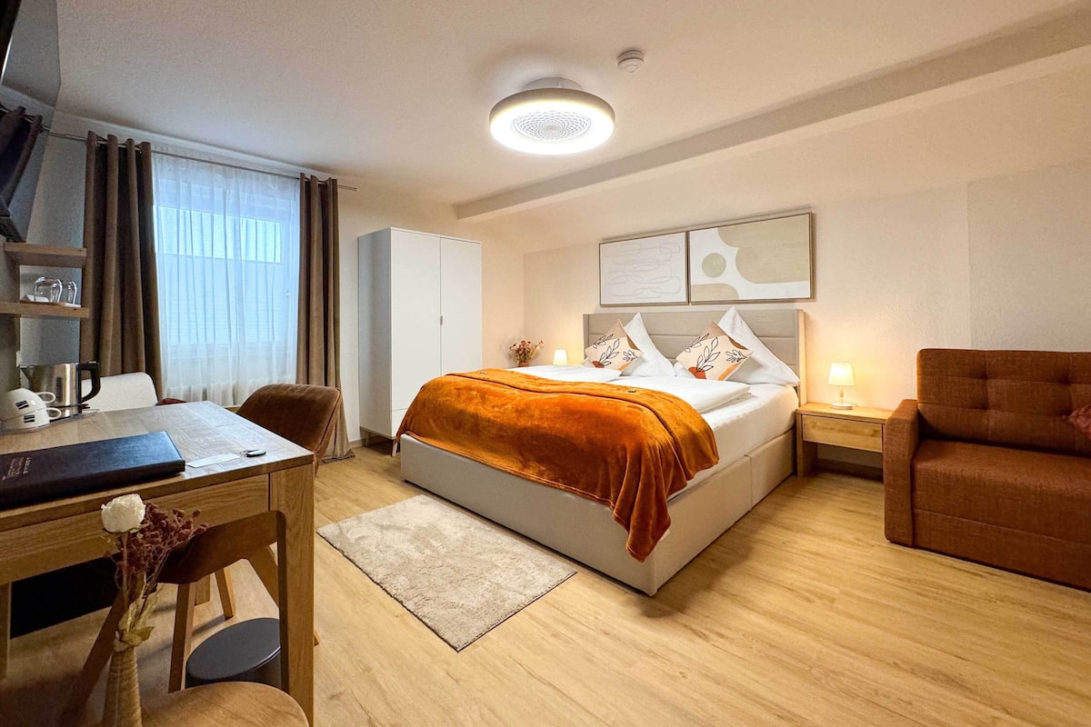 A hotel room with a bed, a desk, a chair, a wardrobe, and a sofa.
