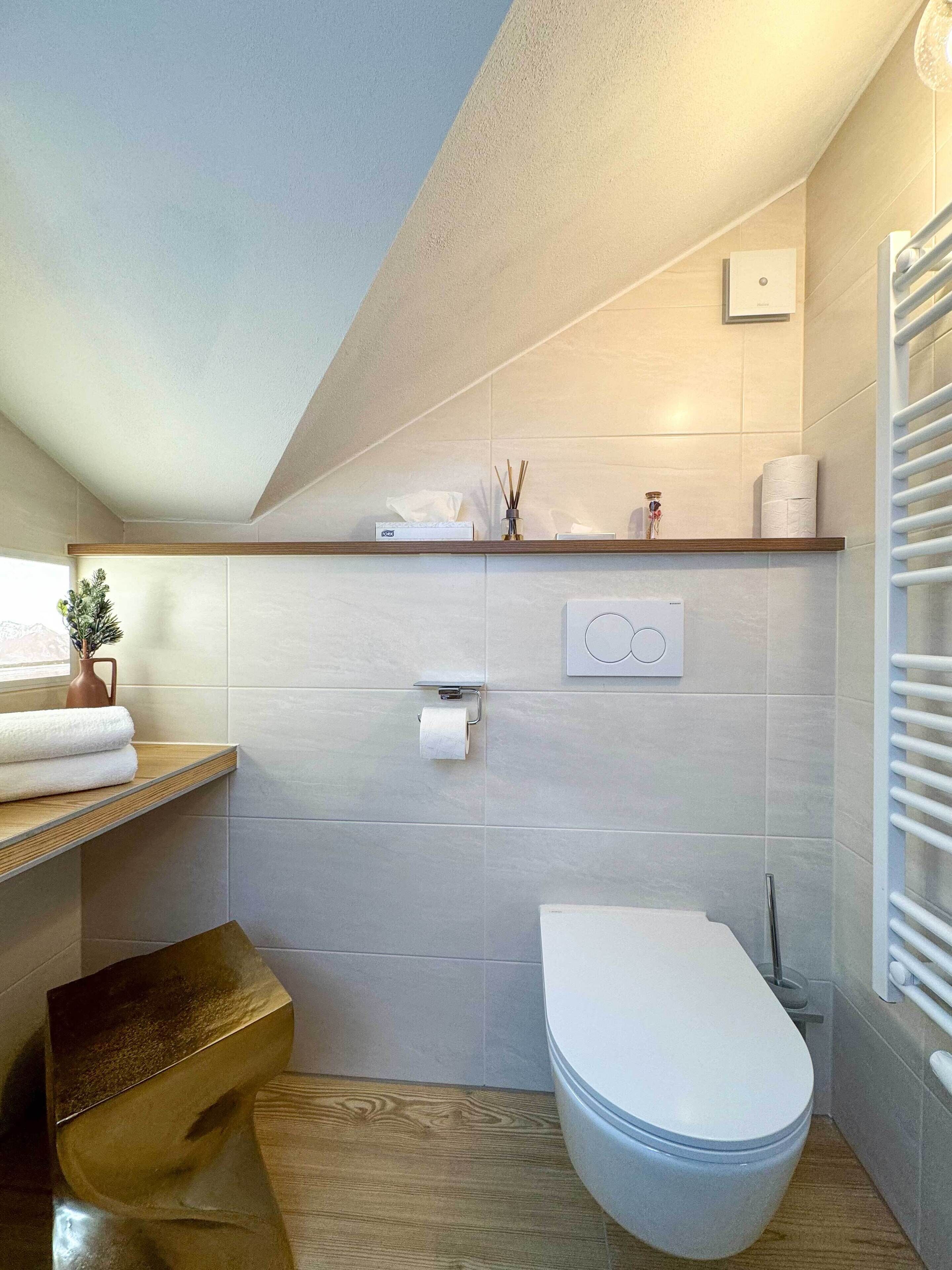 Un baño moderno con inodoro, repisa con toallas, una planta pequeña y un calentador de toallas.