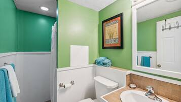 Chambre, 1 grand lit | Salle de bain