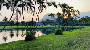 A serene lakeside park with palm trees and a distant mountain range.