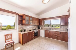 Cucina con mobili in legno, fornello, lavastoviglie e una finestra con vista.