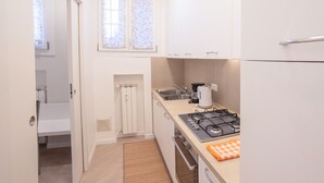 A compact kitchen with a gas stove, sink, and white cabinets. - Ca di Viola e Tobia (Venice)