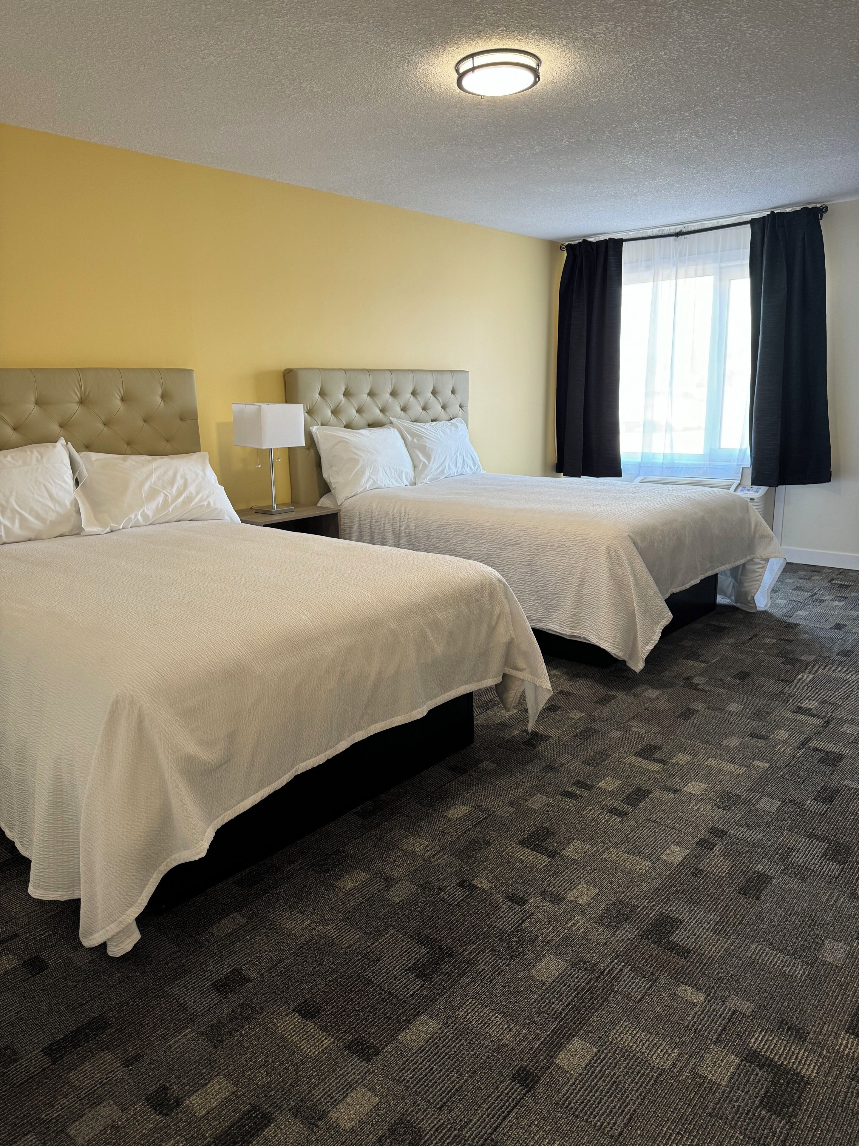 Een hotelkamer met twee bedden, een hoofdbord, een nachtkastje met een lamp en een vloerbedekking.