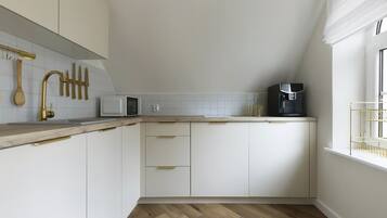 Mini-fridge, microwave, stovetop, electric kettle