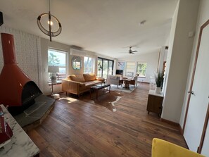Smart TV, fireplace, books, music library