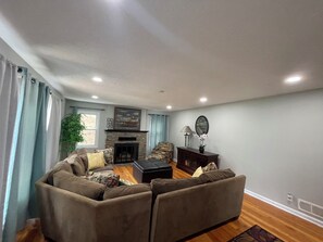 Smart TV, fireplace, books