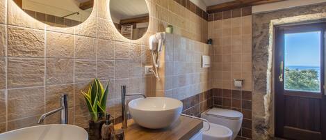 Shower, hair dryer, bidet, towels
