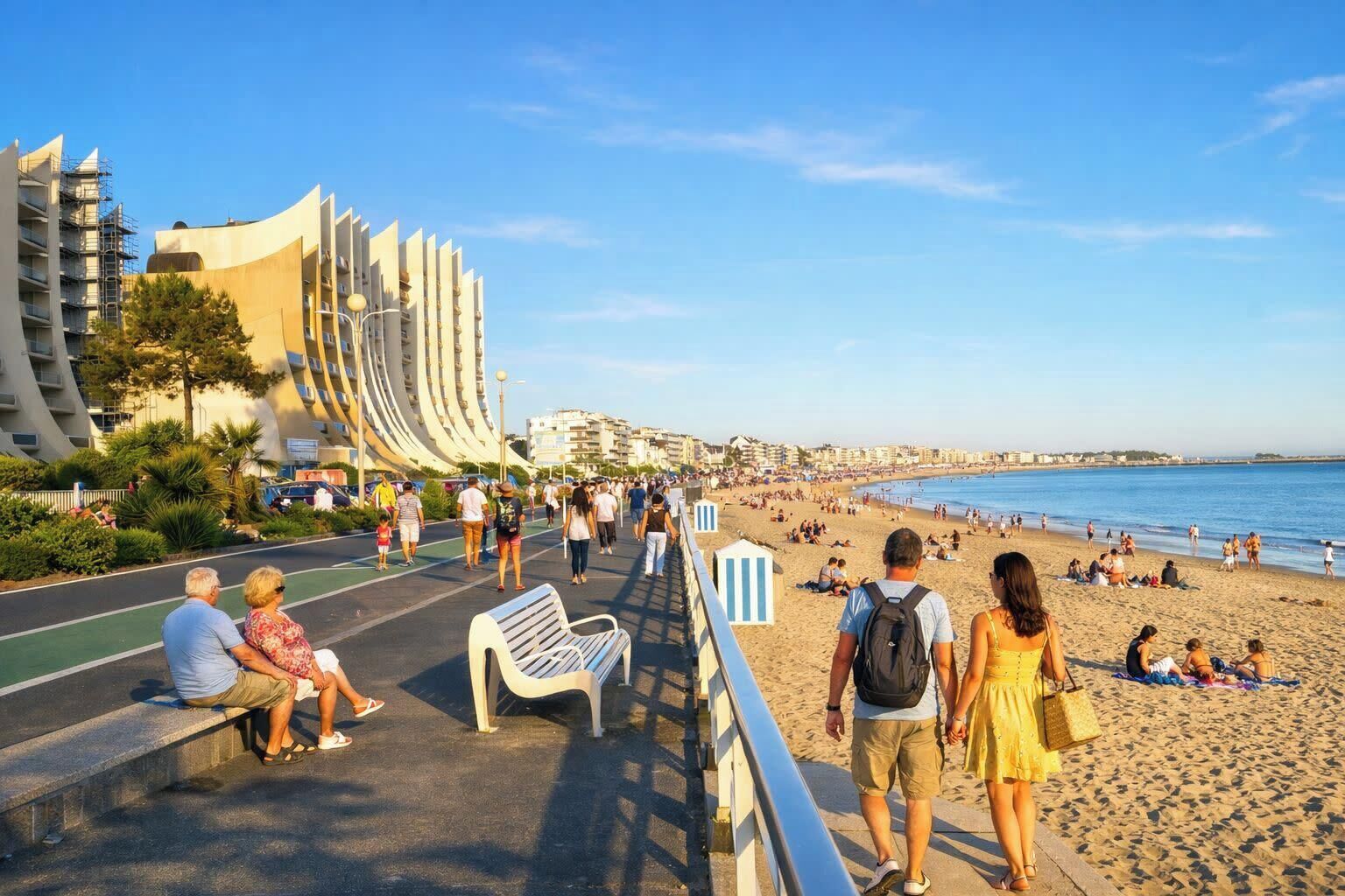 A coastal promenade with a beach, a pedestrian walkway, and modern buildings.