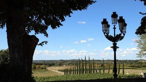 A view of a landscaped area with a row of cypress trees, a stone wall, and a traditional street lamp.