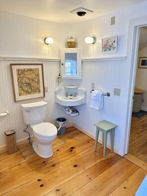 Shower, hair dryer - Historic 1850 Downtown Retreat [Driftwood Cottage] (Bar Harbor)