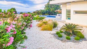 A modern building with a swimming pool, surrounded by gravel and various plants. - Latchi Infinity Blue (Neo Chorio)