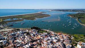 An aerial view of a coastal town with a marina filled with sailboats, surrounded by residential buildings with red-tiled roofs.