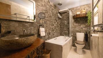 Hair dryer, towels, soap, shampoo