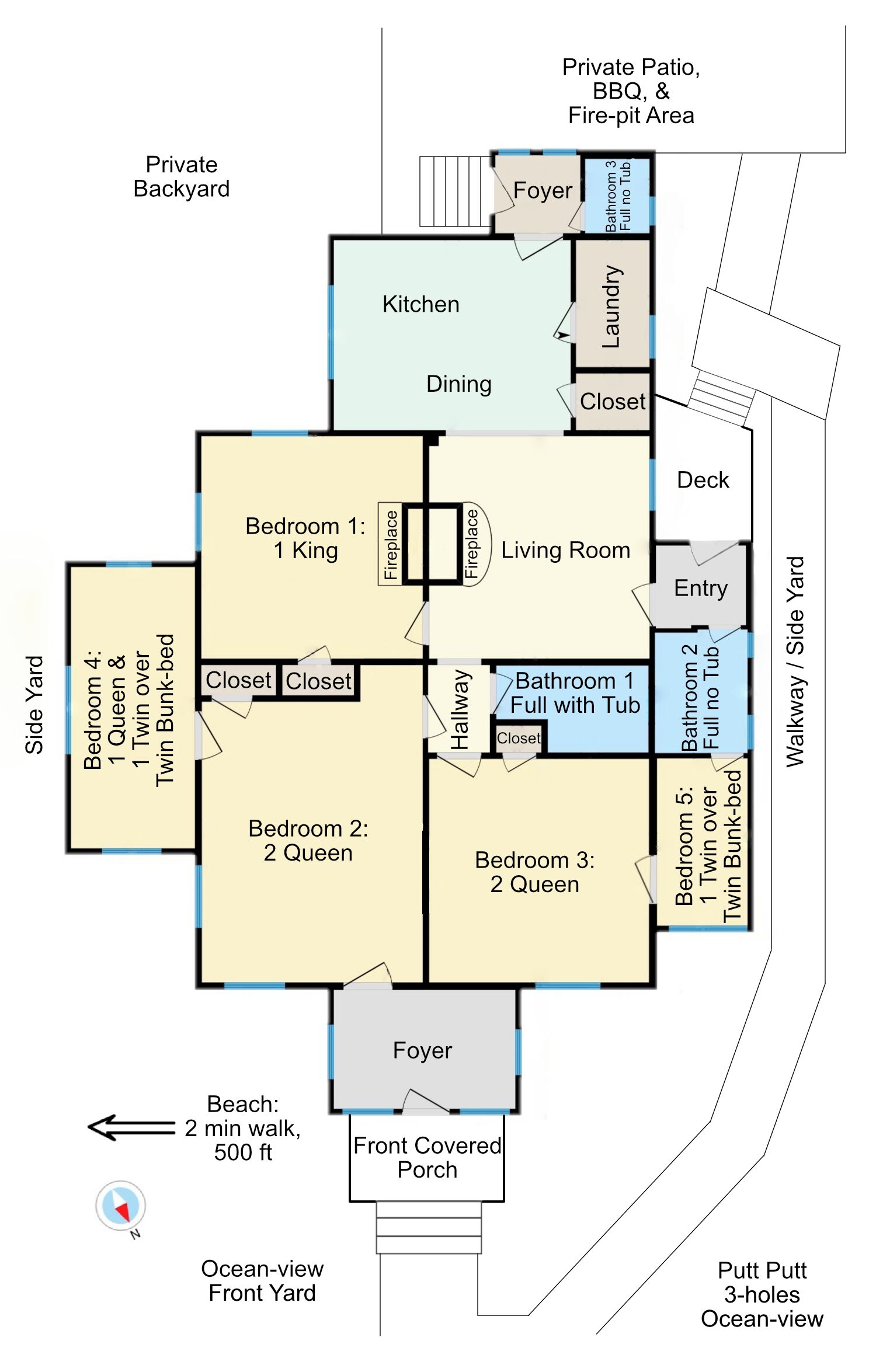 Plan d’étage d’un hôtel doté de jardins privés à l’arrière, d’un patio privé et d’un espace aménagé avec un foyer.