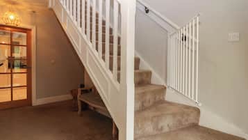 A carpeted staircase with white railings, a basket, and a chair.