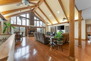 Smart TV, chimenea, reproductor de DVD y libros