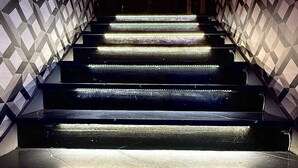 A staircase with illuminated steps and geometric patterned walls.