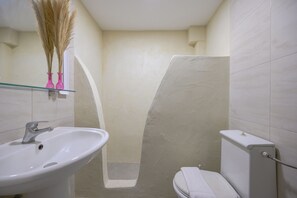 Shower, hair dryer, towels, toilet paper