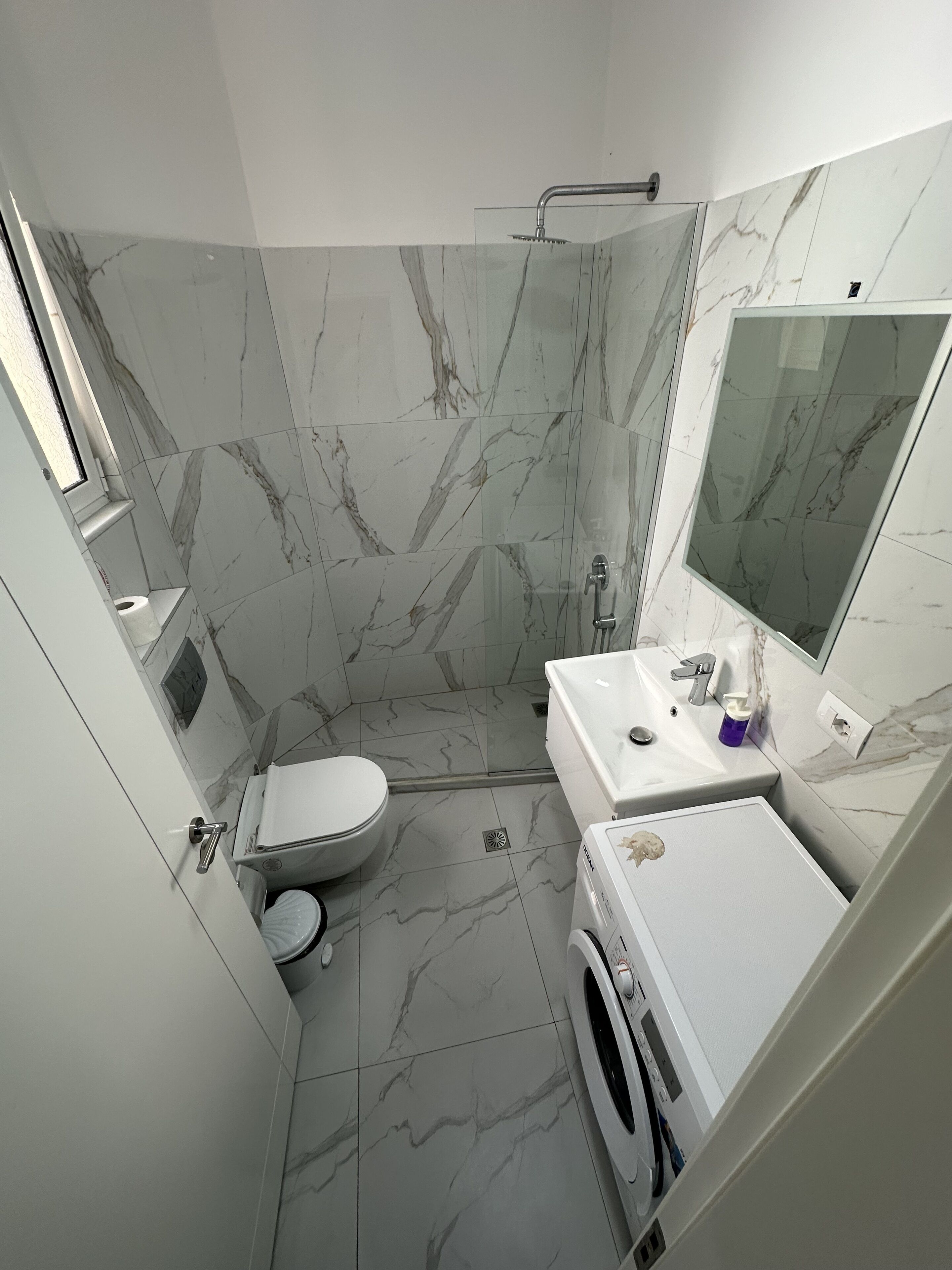 Een badkamer met toilet, douche en wastafel.
