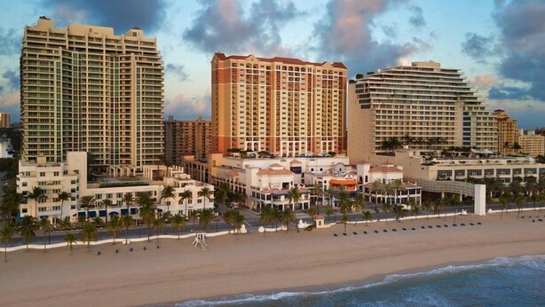 Un complejo hotelero frente a la playa con varios edificios de gran altura, una playa y palmeras.
