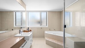 Shower, jetted tub, hair dryer, towels