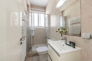 Shower, hair dryer, towels