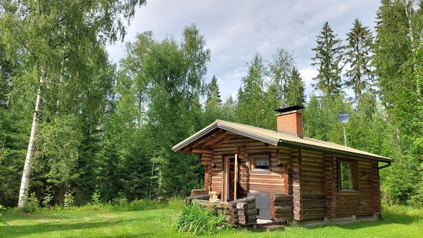 A small log cabin with a chimney, a door, and a window.