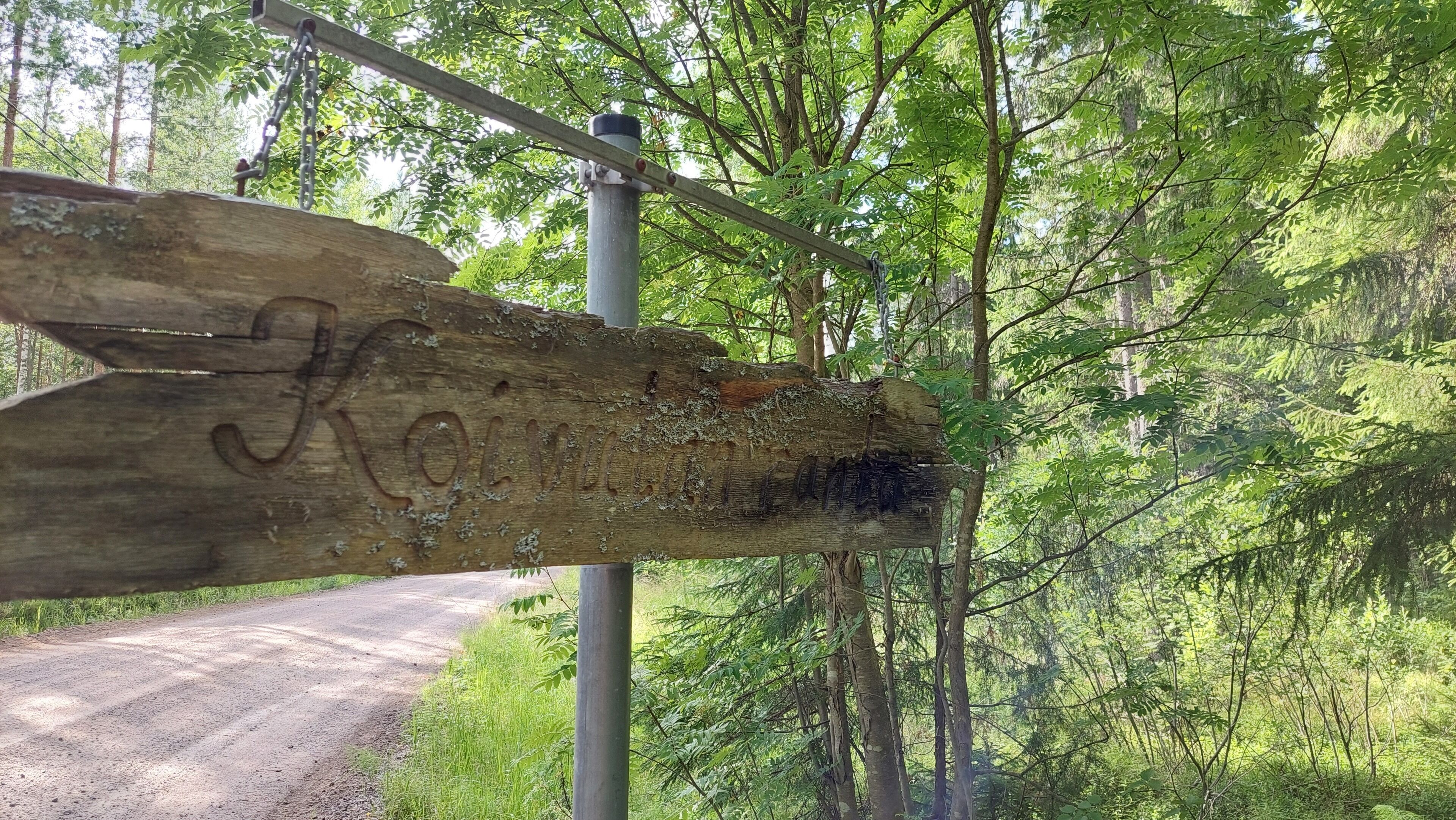A rustic wooden signpost with carved text, set against a backdrop of a forested area with a dirt road.