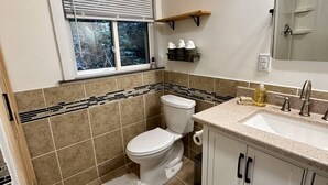 A bathroom with a toilet, sink, and mirror. - Nature's Grove Cabin

 (Delta)