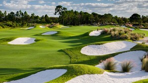Ein Golfplatz mit Sandbunkern und bewaldeter Kulisse.