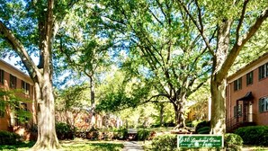 Un chemin bordé d’arbres mène à un immeuble sur lequel on peut lire l’inscription suivante : « Résidence en copropriété, 430, avenue Lindburgh ».