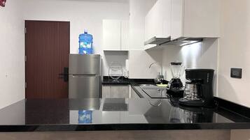 Fridge, microwave, coffee/tea maker, electric kettle