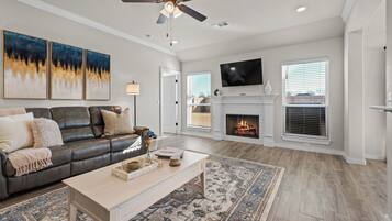 Smart TV, fireplace, foosball