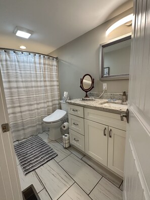 Hair dryer, towels, soap, toilet paper