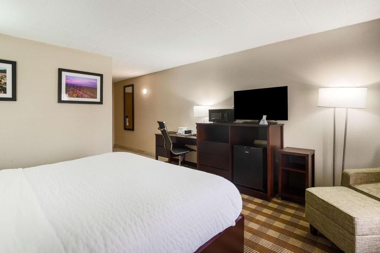 Habitación de hotel con una cama grande, un escritorio con computadora, un televisor de pantalla plana, una lámpara y dos cuadros en la pared.