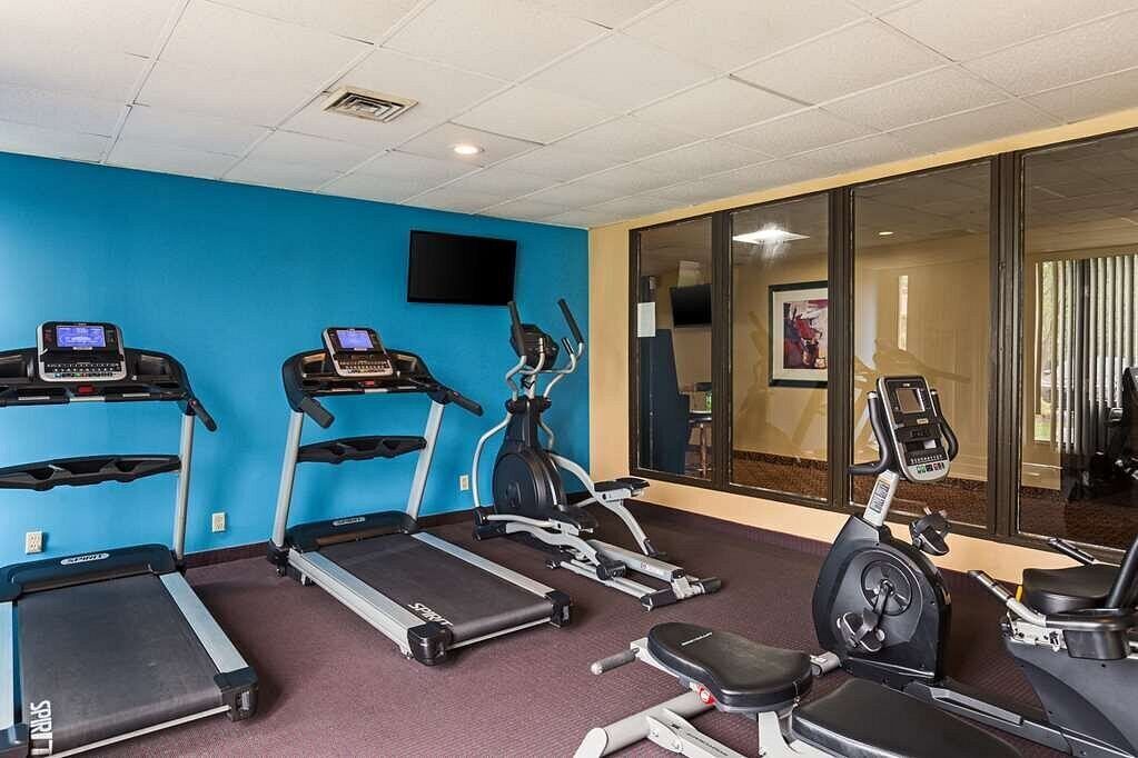 A gym with treadmills, elliptical machines, and a stationary bike.