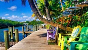 A wooden pier leading to a dock with colorful chairs and a palm tree. - HOLIDAY RETREAT.★★★★★ 12. NEAR BEACHES / PGA / DOWNTOWN / ROGER DEAN STADIUM (Palm Beach Gardens)